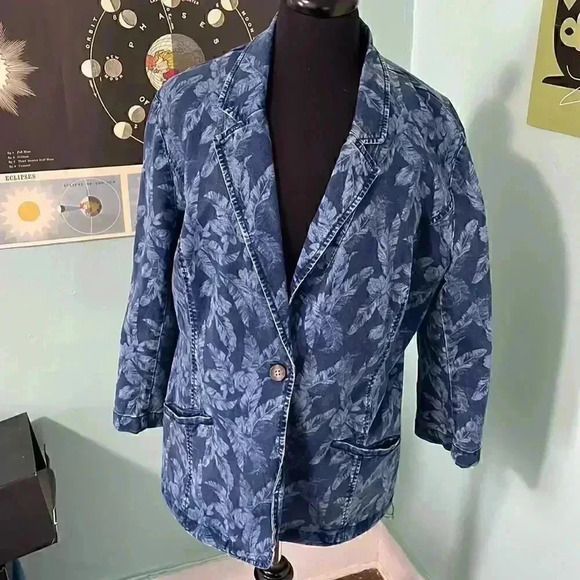 J Jill cyanotype plant pattern denim blazer one button large - Picture 1 of 7
